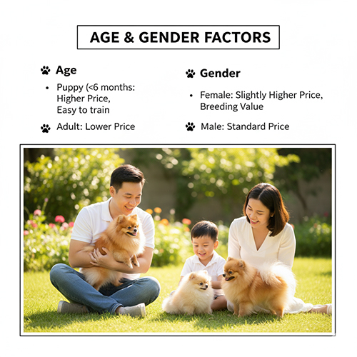 Infographic yếu tố tuổi và giới tính ảnh hưởng giá Pomeranian: chó con <6 tháng giá cao, chó trưởng thành giá thấp hơn; chó cái nhỉnh giá do giá trị sinh sản; gia đình chơi với Pom ngoài vườn.