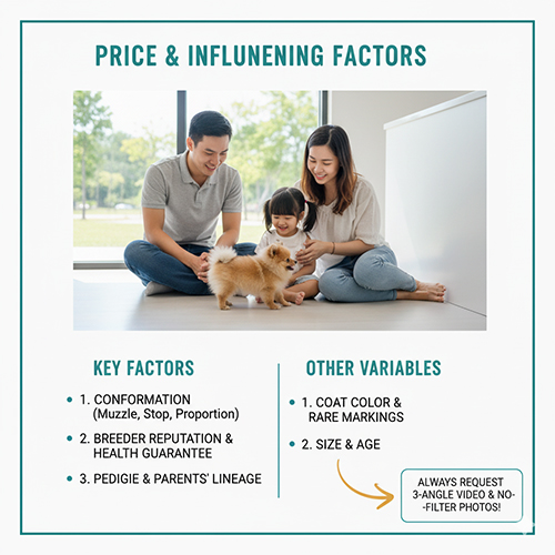 Infographic giá & yếu tố ảnh hưởng khi mua chó Phốc Sóc mặt cáo (Fox Face): tỉ lệ mõm–stop, uy tín trại & bảo hành, phả hệ; thêm màu lông, size; nhắc yêu cầu video 3 góc và ảnh không filter; ảnh gia đình chơi với Pom.