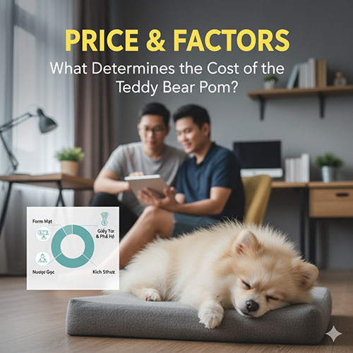 Infographic giá Phốc Sóc mặt gấu: Pom màu kem ngủ trên đệm; biểu đồ tròn nêu các yếu tố form mặt tròn–mõm ngắn vừa, màu lông, giấy tờ/phả hệ, nguồn trại & bảo hành, kích thước/tuổi; bối cảnh phòng khách.