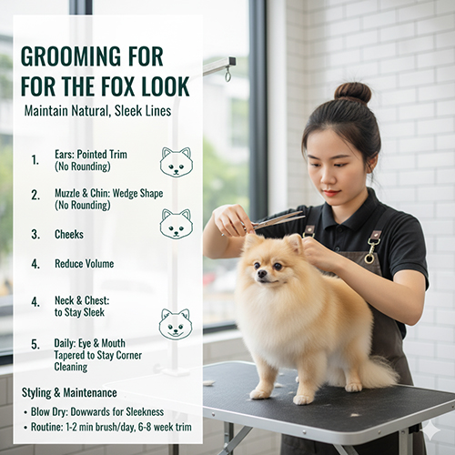 Infographic grooming giữ “fox look” cho chó Phốc Sóc: thợ grooming tỉa Pom trên bàn; tai nhọn (không bo), mõm–cằm hình nêm, giảm khối má, cổ–ngực gọn; sấy xuôi; lịch chải 1–2 phút/ngày, cắt tỉa 6–8 tuần.