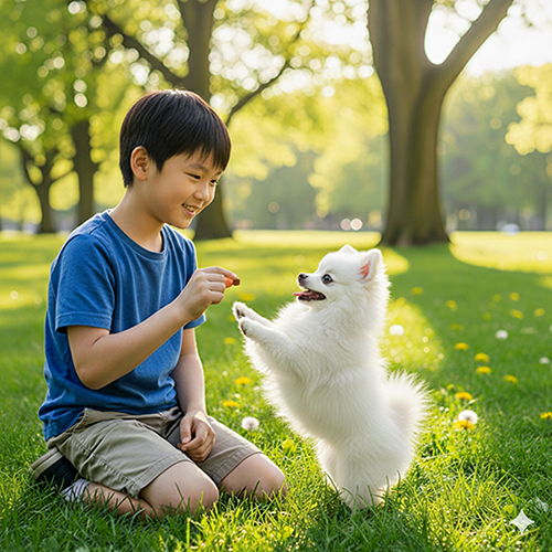 Chó Phốc Sóc màu trắng đang được bé trai huấn luyện ngoài công viên – minh họa cho huấn luyện cơ bản Pom