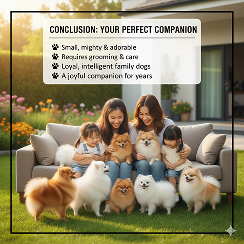 Gia đình ngồi trên ghế sofa ngoài vườn, vui đùa cùng đàn chó Phốc Sóc (Pomeranian) nhiều màu; khung chữ “Conclusion: Your Perfect Companion”.
