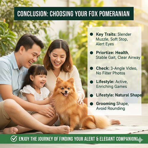 Infographic kết luận: gia đình vui đùa với chó Phốc Sóc mặt cáo; checklist nêu mõm thon, stop mềm, mắt linh lợi; ưu tiên sức khỏe, kiểm tra video 3 góc, lối sống năng động, grooming tự nhiên.