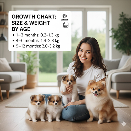 Infographic kích thước và cân nặng theo tuổi của chó Phốc Sóc (Pomeranian): 1–3 tháng 0,2–1,3 kg; 4–6 tháng 1,4–2,3 kg; 9–12 tháng 2,0–3,2 kg; cô gái ngồi cùng bốn chú Pom trong phòng khách.