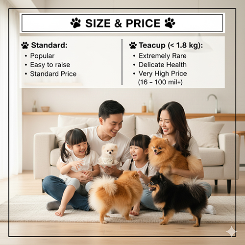So sánh kích thước và giá chó Phốc Sóc: Standard vs Teacup (<1,8 kg); Teacup cực hiếm, giá cao.