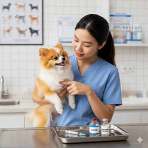 Bác sĩ thú y tiêm phòng cho chó Phốc Sóc Pomeranian – minh họa lịch tiêm vaccine và tẩy giun định kỳ.