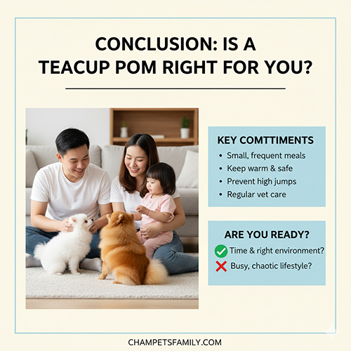 Infographic lời kết “Teacup Pomeranian có phù hợp với bạn?”; gia đình ngồi chơi với hai chó Phốc Sóc trắng và cam trong phòng khách, kèm danh sách cam kết chăm sóc