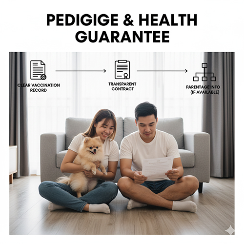 Cặp đôi ngồi trên sàn phòng khách xem hợp đồng, ôm chó Phốc Sóc mini; đồ họa nhấn mạnh sổ tiêm rõ ràng, hợp đồng minh bạch và thông tin phả hệ nếu có.