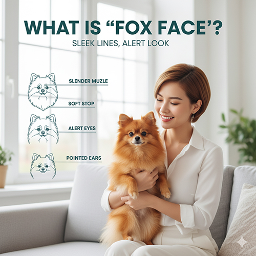 Infographic “Mặt cáo là gì?”: người phụ nữ bế Pom mặt cáo; minh hoạ mõm thon, stop thoát, mắt oval tỉnh táo, tai nhỏ nhọn dựng – vẻ gọn, thoát, sắc.