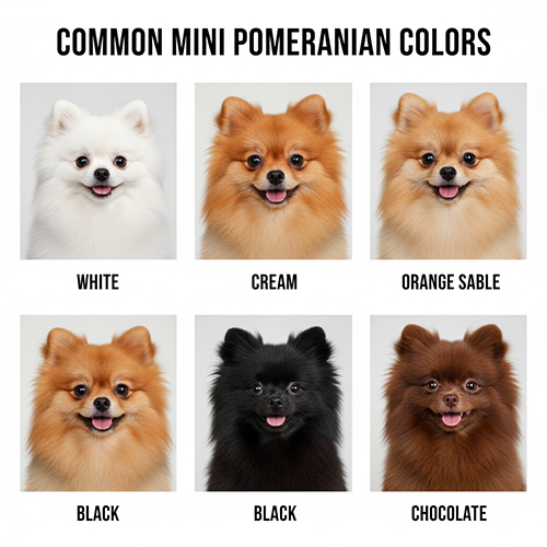 Bảng 6 chân dung chó Phốc Sóc mini thể hiện các màu phổ biến: trắng, kem, orange sable, vàng cam, đen và chocolate.