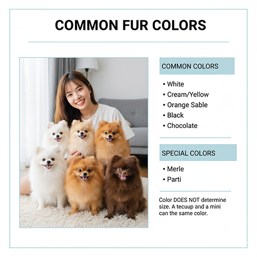 Cô gái ngồi cạnh bảy chó Phốc Sóc nhiều màu lông gồm trắng, kem vàng, cam, cam pha đen (orange sable), đen và chocolate; infographic “Common Fur Colors”