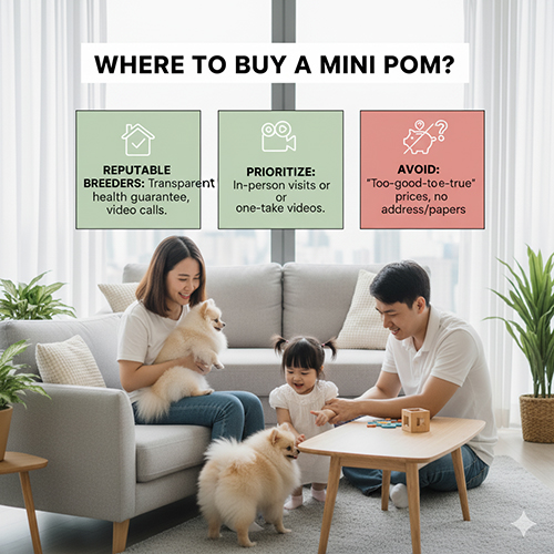 Gia đình trong căn hộ chơi với hai chó Phốc Sóc mini; đồ họa khuyến nghị nơi mua: trại uy tín có bảo hành sức khỏe, ưu tiên xem trực tiếp hoặc video one-take, tránh giá “quá rẻ để tin”.