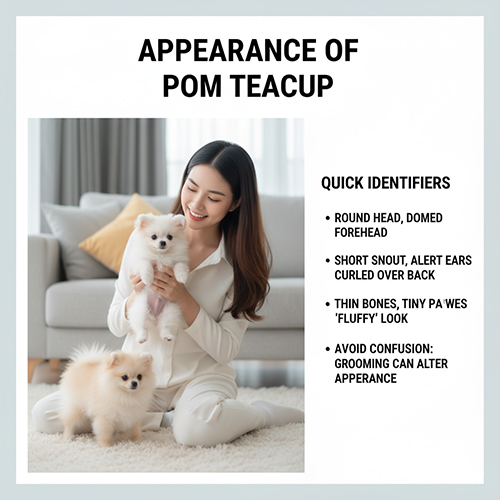 Cô gái ngồi trong phòng khách bế một chó Phốc Sóc teacup trắng, một bé khác đứng cạnh; infographic “Appearance of Pom Teacup” với các dấu hiệu nhận diện