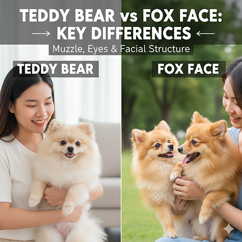 Hình so sánh Phốc Sóc mặt gấu vs mặt cáo: tỉ lệ mõm (ngắn dày ↔ thon vừa), stop (rõ ↔ thoát), mắt/thần thái; kèm ảnh minh hoạ.