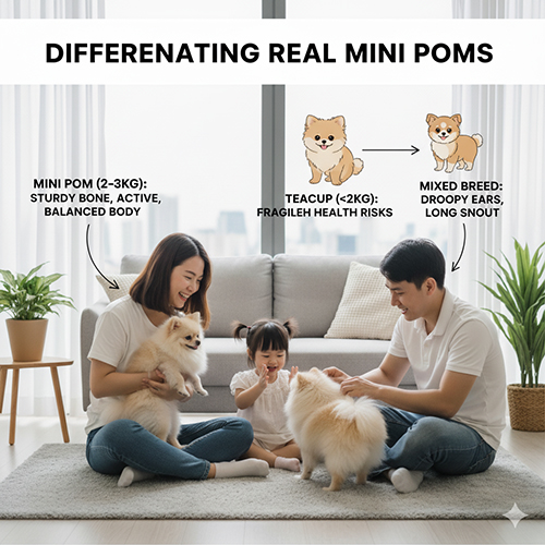 Gia đình trong căn hộ chơi với hai chó Phốc Sóc; đồ họa so sánh Pom mini thật (2–3kg, xương chắc) với teacup (<2kg, sức khỏe mong manh) và chó lai (tai rủ, mõm dài).