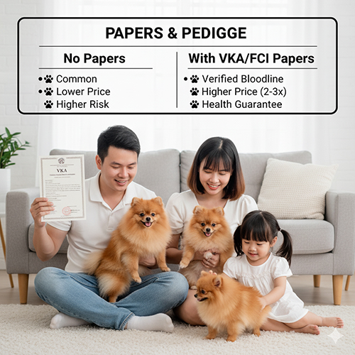 Infographic giấy tờ & phả hệ chó Phốc Sóc 2025; so sánh không giấy (phổ biến, giá mềm, rủi ro cao) với có giấy VKA/FCI/AKC (phả hệ xác thực, giá cao hơn 2–3 lần, bảo hành sức khỏe); gia đình bên bốn chú Pom.