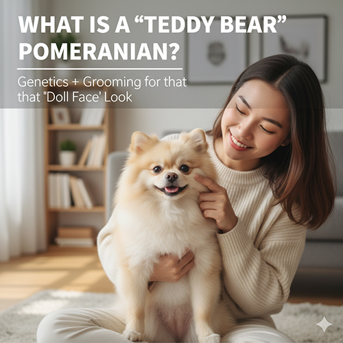 Ảnh minh hoạ Phốc Sóc mặt gấu (Teddy Bear Pomeranian): cô gái chạm má chú Pom lông kem trong phòng sáng; mặt tròn bồng, mõm ngắn dày, stop rõ, mắt tròn vừa, tai nhỏ bo nhẹ.