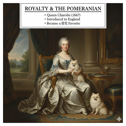 Tranh cổ điển thế kỷ 18 vẽ một vương hậu Anh ôm hai chú chó Pomeranian trong cung điện; mốc 1767 đánh dấu giống Pom được đưa vào Anh và trở thành thú cưng được hoàng gia ưa chuộng.
