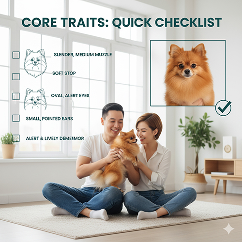 Infographic quick-check 5 giây nhận diện chó Phốc Sóc mặt cáo: mõm thon vừa, stop thoát mềm, mắt oval tỉnh táo, tai nhỏ nhọn dựng; cặp đôi chơi với Pom trong phòng sáng.