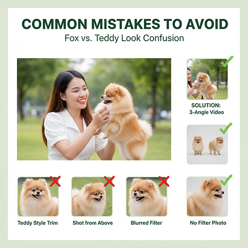 Infographic sai lầm khi nhận diện chó Phốc Sóc mặt cáo: tỉa tròn kiểu teddy, chụp từ trên xuống, dùng filter làm mờ; giải pháp là video 3 góc và ảnh không filter; cảnh cô gái bế Pom ngoài công viên.