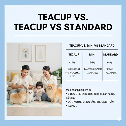 Infographic so sánh size chó Phốc Sóc: Teacup <1,5 kg, Mini 2–3 kg, Standard ~3–4 kg; hình gia đình chơi cùng ba Pom trong phòng khách
