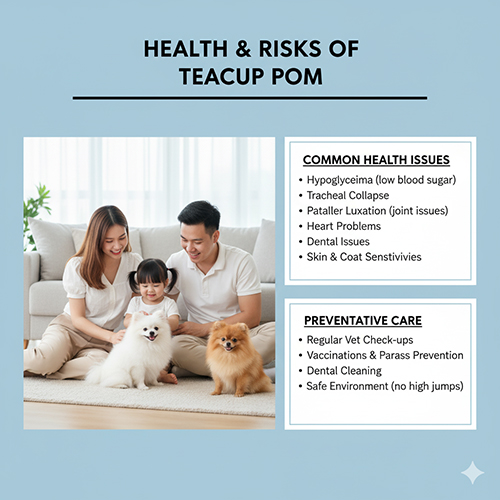 Infographic “Health & Risks of Teacup Pom” liệt kê hạ đường huyết, xẹp khí quản, trật xương bánh chè, bệnh tim, vấn đề răng miệng, da–lông nhạy; kèm khuyến nghị khám định kỳ, tiêm phòng – diệt ký sinh, vệ sinh răng và môi trường tránh nhảy cao; ảnh gia đình chơi với hai Pom trong phòng khách