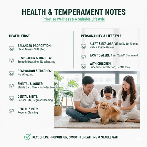 Infographic “Lưu ý sức khỏe & tính cách” cho chó Phốc Sóc mặt cáo: kiểm tra tỉ lệ khuôn mặt, hô hấp – khí quản, khung xương – khớp, răng – khớp cắn; gợi ý vận động & nếp sống; ảnh gia đình chơi cùng Pom.