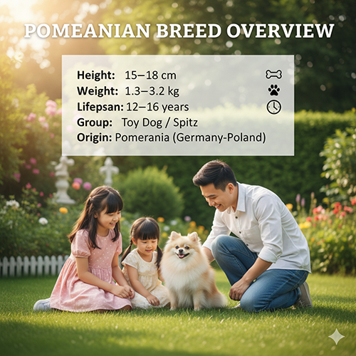 Infographic thông tin nhanh giống chó Phốc Sóc (Pomeranian): cao 15–18 cm, nặng 1,3–3,2 kg, tuổi thọ 12–16 năm, nhóm Toy Dog/Spitz, xuất xứ Pomerania (Đức–Ba Lan); gia đình chơi với Pom trong vườn.