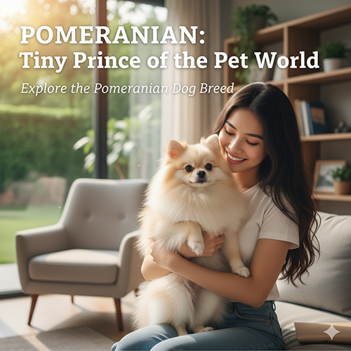 Cô gái mỉm cười ôm chú chó Phốc Sóc (Pomeranian) lông kem trong phòng khách sáng, minh hoạ cho bài “Thông tin nhanh về giống chó Phốc Sóc”.
