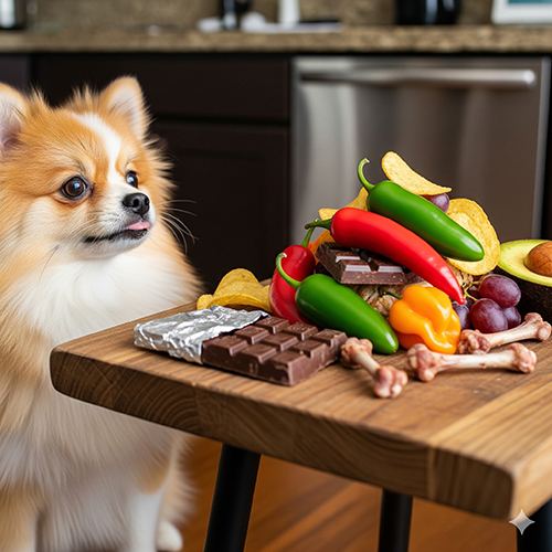 Chó Phốc Sóc Pomeranian bên cạnh các loại thức ăn nguy hiểm như socola, ớt, hành, khoai tây chiên, nho và xương nhỏ.