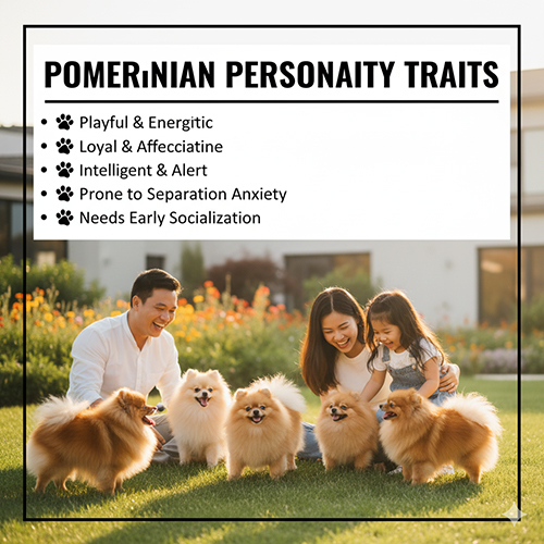 Infographic tính cách chó Phốc Sóc (Pomeranian) với gia đình chơi cùng đàn Pom ngoài vườn: hoạt bát, trung thành, thông minh–cảnh giác, dễ lo âu xa cách, cần xã hội hóa sớm.