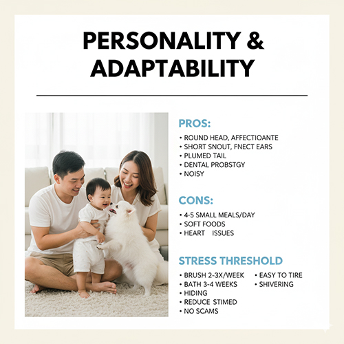 Infographic “Personality & Adaptability” của chó Phốc Sóc teacup; gia đình ba người chơi với một Pom trắng trong phòng khách; liệt kê ưu nhược điểm và ngưỡng stress