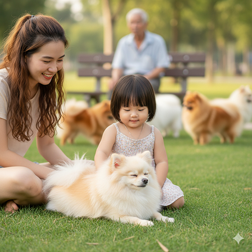 Bé gái nhỏ đang vuốt ve chó Phốc Sóc màu trắng kem dưới sự giám sát của mẹ – minh họa cách Pom tương tác an toàn với trẻ em và thú cưng khác