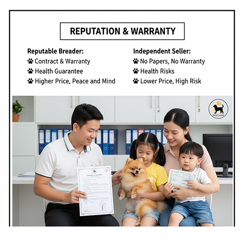 Infographic uy tín & bảo hành khi mua chó Phốc Sóc: trại uy tín có hợp đồng, bảo hành; người bán tự do giá rẻ rủi ro cao.