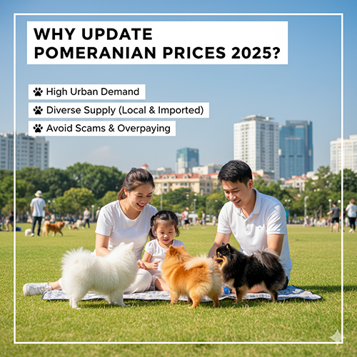 Infographic lý do cập nhật giá chó Phốc Sóc 2025: gia đình vui chơi với ba chú Pomeranian ở công viên; nêu nhu cầu đô thị cao, nguồn cung đa dạng (trong nước & nhập khẩu) và tránh lừa đảo, thổi giá.