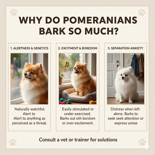 Nguyên nhân chó Phốc Sóc Pomeranian hay sủa: đặc tính Spitz, hiếu động, lo âu xa cách, thiếu vận động và thói quen củng cố sai.