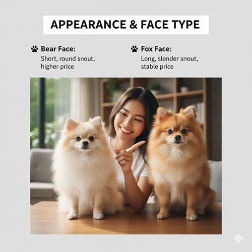 So sánh ngoại hình và kiểu mặt chó Phốc Sóc (Pomeranian): mặt gấu mõm ngắn tròn giá cao, mặt cáo mõm dài thanh thoát giá ổn định; cô gái chỉ tay vào hai chú Pom trên bàn.
