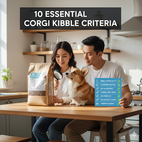 Chủ nuôi cùng chó Corgi kiểm tra bao bì thức ăn hạt theo 10 tiêu chí chọn đúng