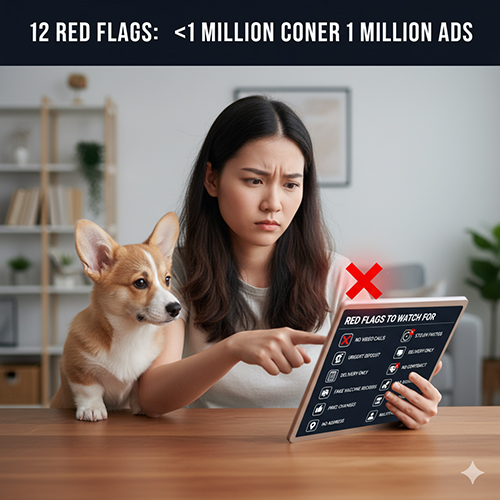 Người phụ nữ cầm tablet cùng chó Corgi bên cạnh, minh họa 12 dấu hiệu cảnh báo tin rao Corgi giá rẻ dưới 1 triệu