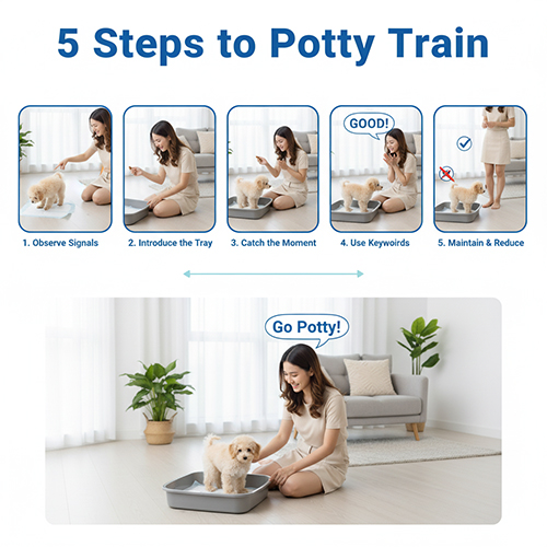5 bước huấn luyện chó Poodle đi vệ sinh vào khay: quan sát tín hiệu, giới thiệu khay, bắt đúng khoảnh khắc, dùng từ khóa, duy trì và giảm thưởng