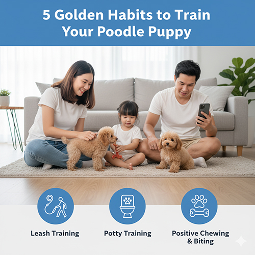 Huấn luyện chó Poodle con – 5 thói quen vàng: đi vệ sinh đúng chỗ, chờ hiệu lệnh, làm quen dây dắt, đồ gặm an toàn, ở nhà một mình