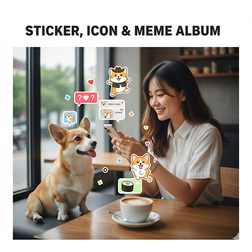 Cô gái mỉm cười dùng điện thoại, bên cạnh chú Corgi thật và các sticker Corgi chibi, icon đang bay lơ lửng, thể hiện việc dùng sticker Corgi khi chat.