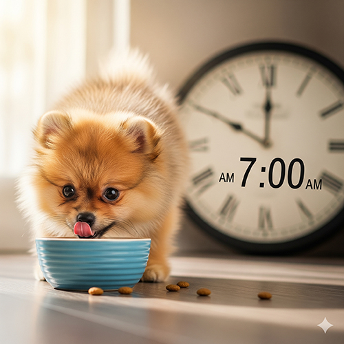 Chó Phốc Sóc (Pomeranian) ăn uống đúng giờ, tạo thói quen ăn 2–3 bữa/ngày, thu dọn thức ăn sau 15 phút để tránh kén ăn.