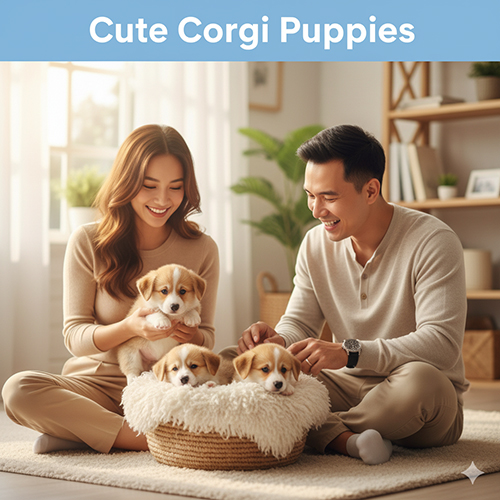 Ảnh chó Corgi con mini dễ thương trong giỏ mây, được gia đình âu yếm trong không gian ấm áp.