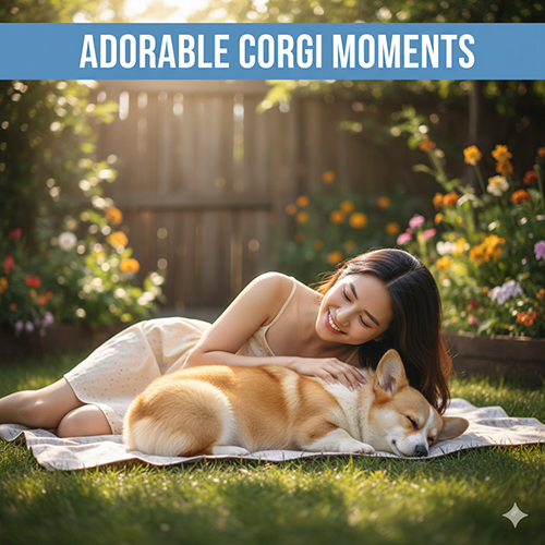 Ảnh chó Corgi dễ thương đang ngủ cuộn tròn bên cô gái trên bãi cỏ, khoảnh khắc Corgi cute trong vườn hoa.