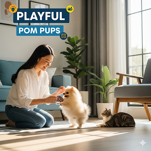 Ảnh chó Phốc Sóc con chơi đùa cùng trẻ em và thú cưng khác – Pom thân thiện, dễ hòa đồng trong gia đình