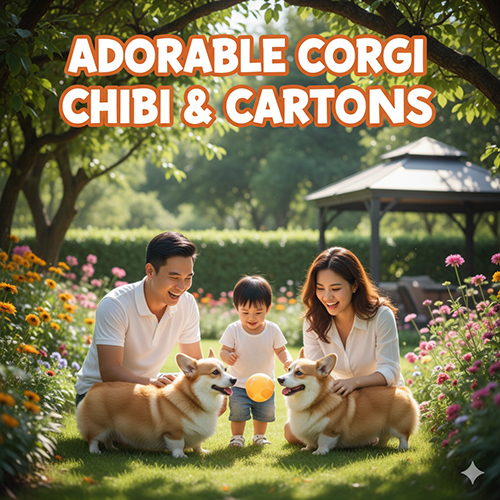 Ảnh Corgi chibi/hoạt hình gia đình vui vẻ (cha, mẹ, con) chơi đùa cùng hai chú Corgi trong công viên ngập tràn hoa.