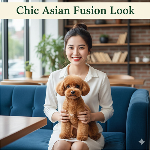 Cô gái Việt trẻ ôm chó Poodle kiểu Asian Fusion trong quán cà phê.