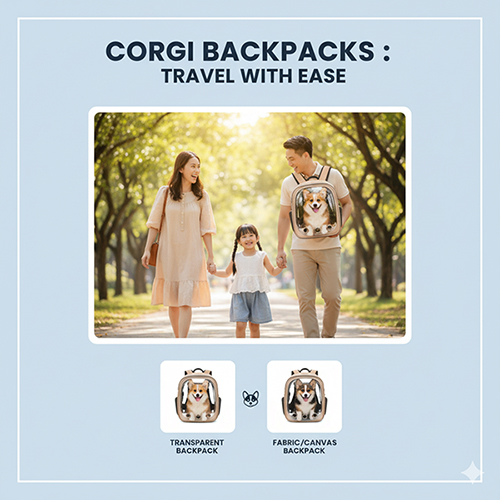 Gia đình dạo chơi cùng Corgi ngồi trong balo du lịch tiện lợi