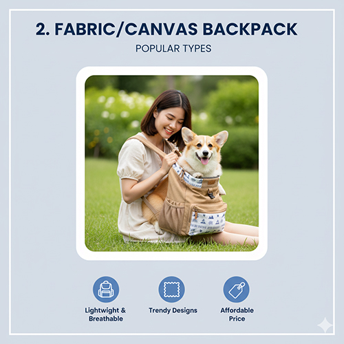 Chó Corgi ngồi trong balo vải canvas thoáng khí, nhẹ và dễ giặt